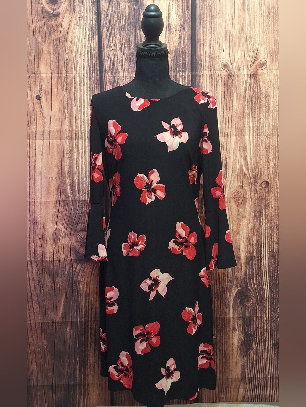 Tommy Hilfiger Black Long Bell Sleeves  Midi Dress with Red & Pink Floral Print